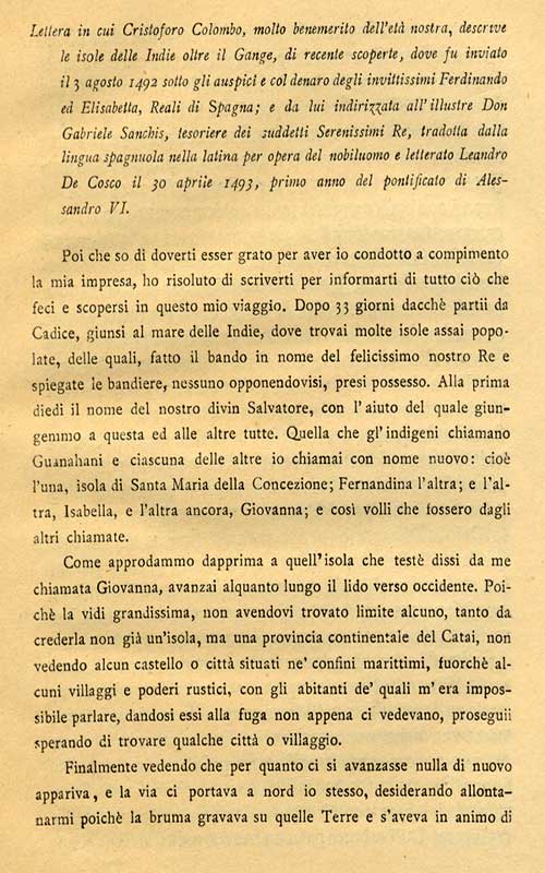 CRISTOFORO COLOMBO - SUA PRIMA RELAZIONE DEL VIAGGIO